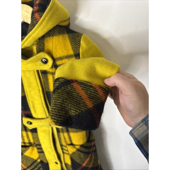 Vintage Niccolini Girls Wool Plaid Duffle Coat Hooded Yellow Black Red Youth XL - Picture 2 of 9